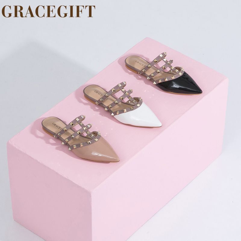 grace gift铆钉半拖鞋女尖头外穿网红懒人粗跟包头百搭凉拖鞋女鞋