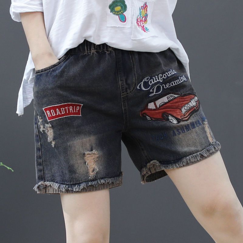 Summer new National Style Embroidered Shorts women's high waist loose jeans elastic waist versatile casual pants women