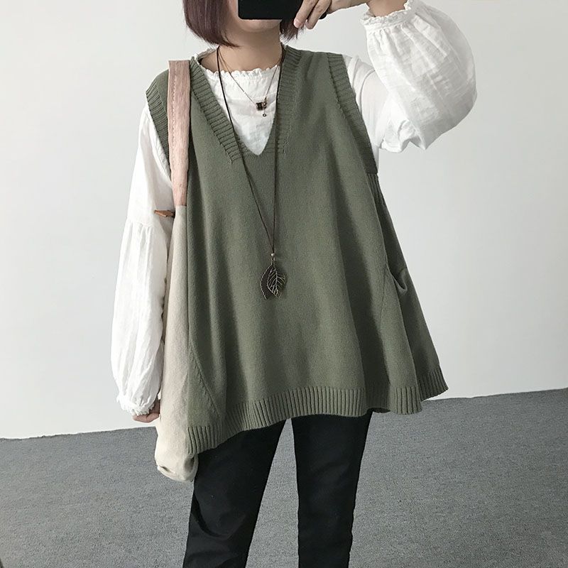 Spring and autumn vest women's Knitted Vest loose Korean V-neck mid length versatile thin top artistic shoulder vest