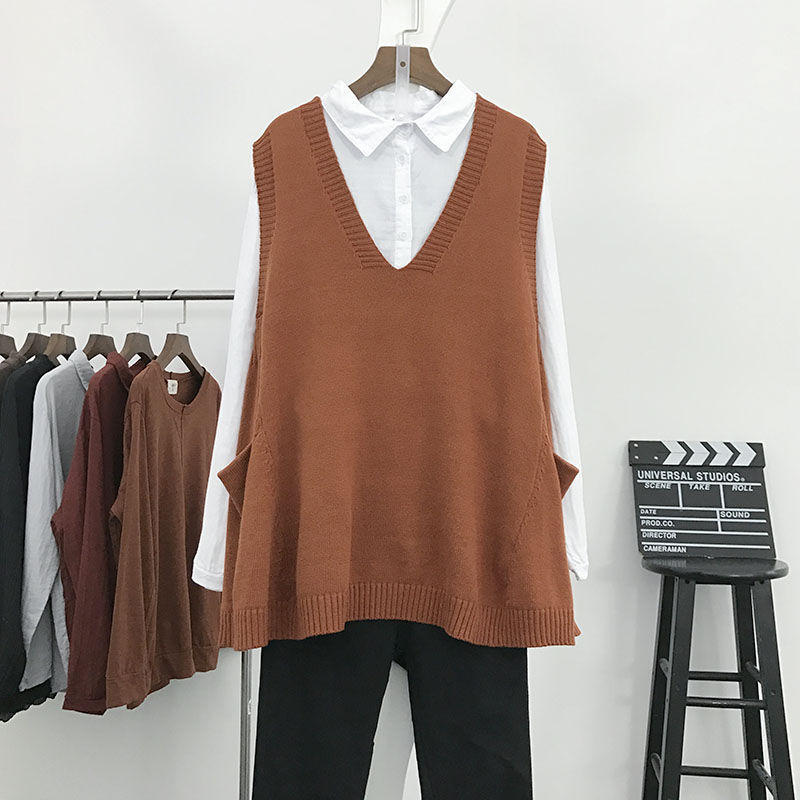 Spring and autumn vest women's Knitted Vest loose Korean V-neck mid length versatile thin top artistic shoulder vest