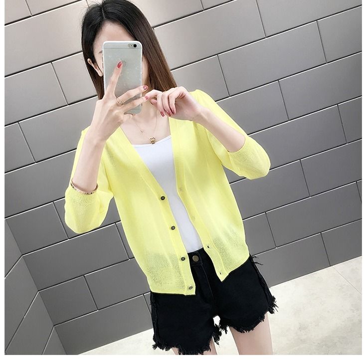 Knitted jacket thin new ice silk sun protection clothing ladies shawl outside cardigan summer short all-match Korean air-conditioning shirt