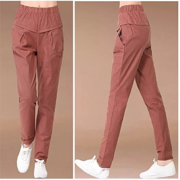 Cotton linen spring and summer slim high waist casual pants women's trousers nine points harem pants elastic waist thin section small feet straight pants