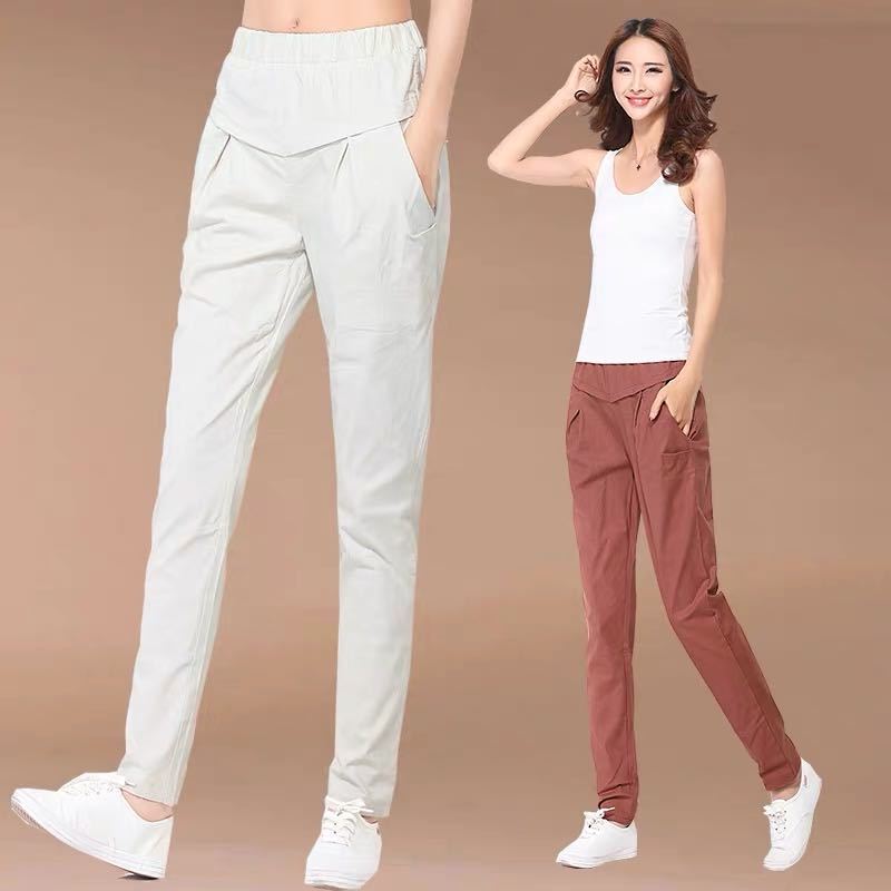 Cotton linen spring and summer slim high waist casual pants women's trousers nine points harem pants elastic waist thin section small feet straight pants