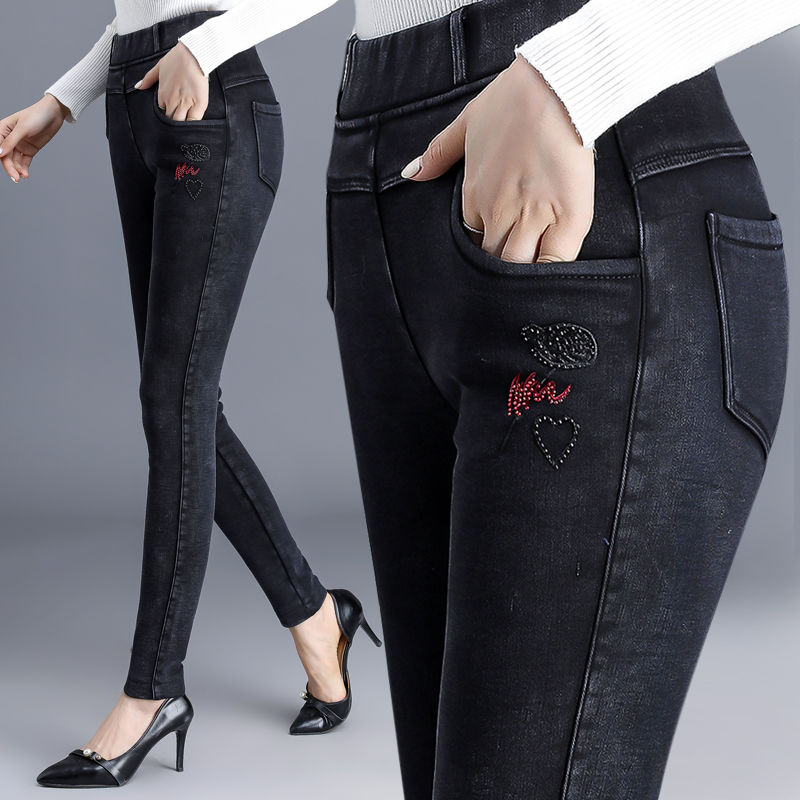 High waist thickened denim leggings women's outer wear 2023 autumn and winter new elastic large size elastic pencil pants