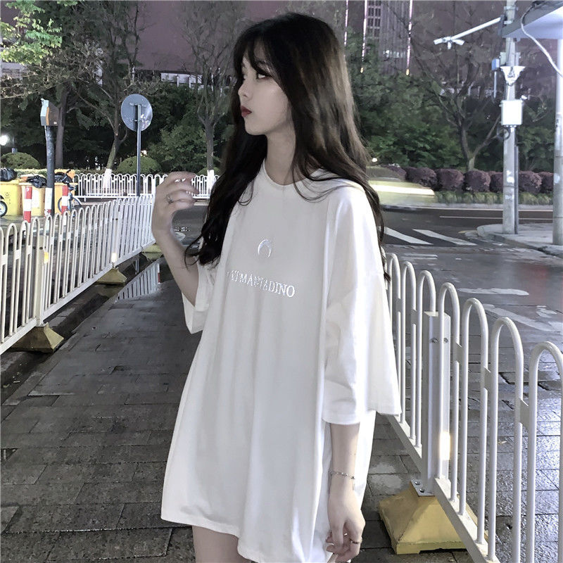 Summer Korean version of loose ins top yuansuo wind medium length white short sleeve T-shirt girl student girlfriends top fashion