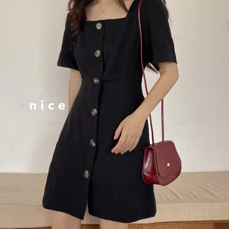 Spring and summer 2020 new Korean style waist closing slim square collar short sleeve small black skirt foreign style versatile simple dress woman