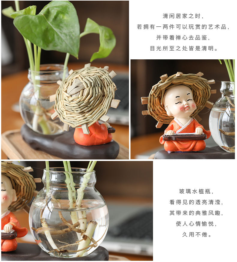 创意摆件玻璃摆件和尚小花器花盆茶桌绿萝花插花瓶陶瓷水培容器架ZZX