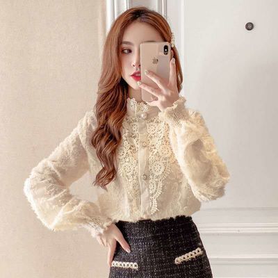 61925/蕾丝衬衫女秋冬内搭2021年新款欧版时尚立领百搭灯笼袖衫长袖上衣