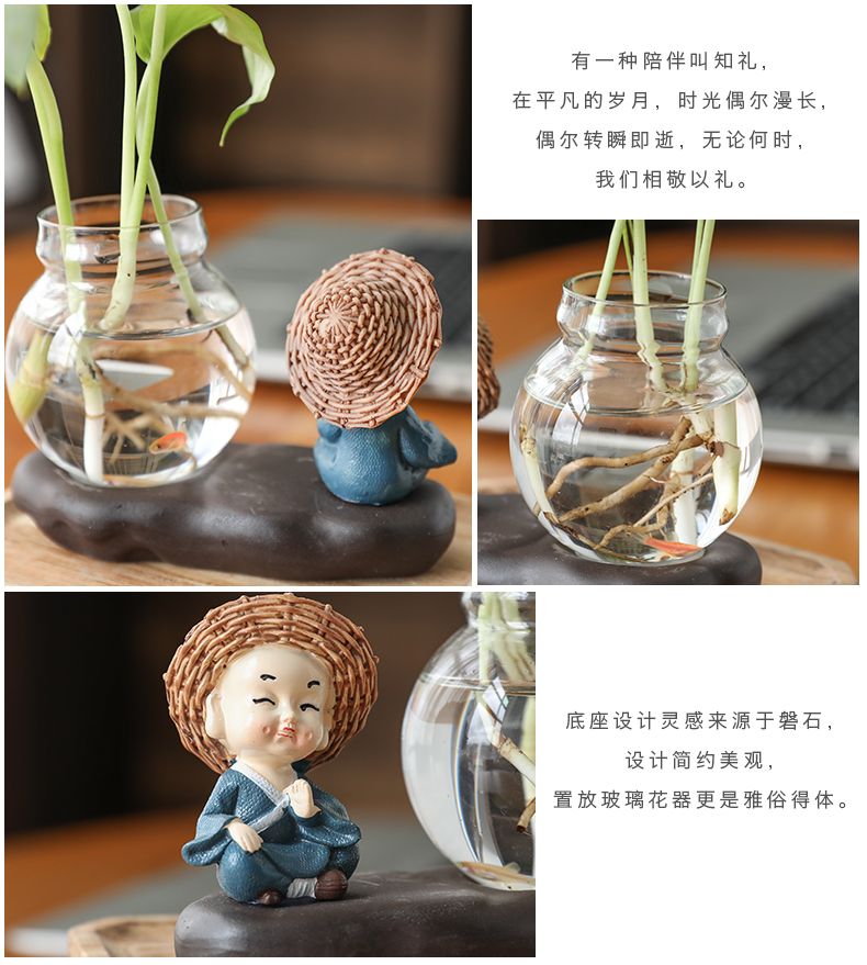 创意玻璃摆件和尚小花器花盆茶桌绿萝花插花瓶陶瓷水培容器架