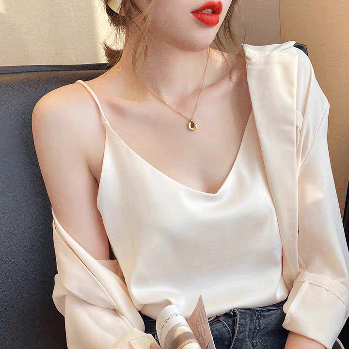 Satin imitation silk suspender vest for women with short loose fit and summer V-neck top for sexy bottoming