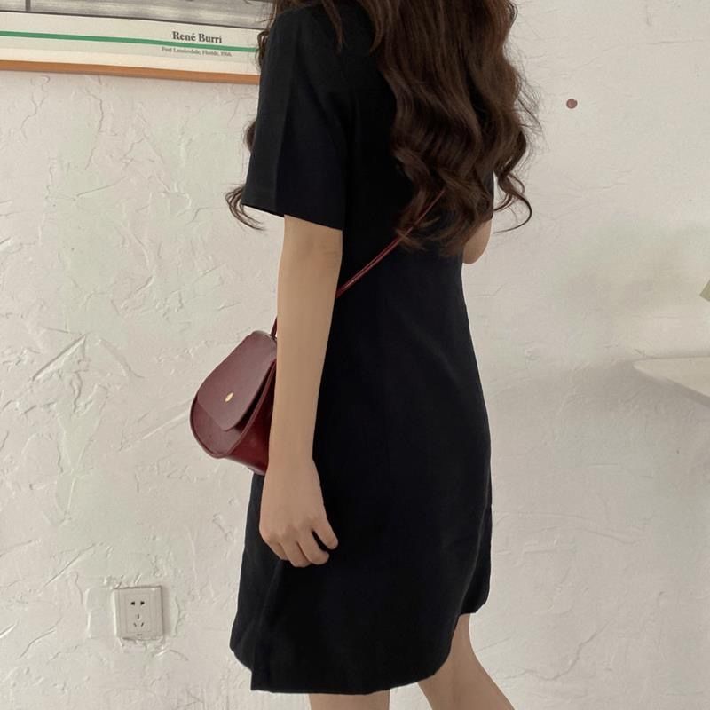 Spring and summer 2020 new Korean style waist closing slim square collar short sleeve small black skirt foreign style versatile simple dress woman