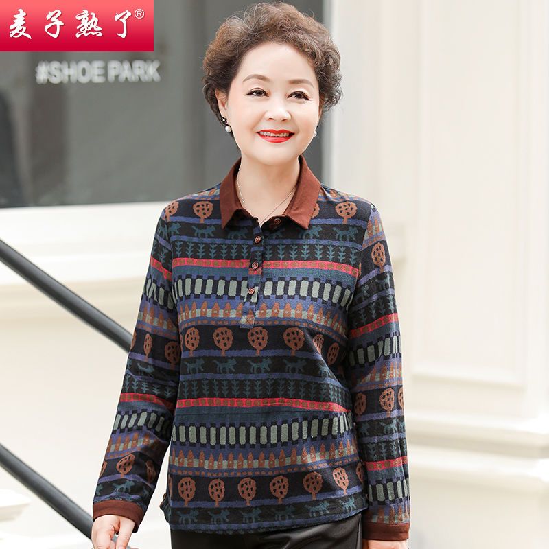 麦子熟了妈妈装秋季新款洋气衬衫中老年女装长袖t恤老人女士上衣