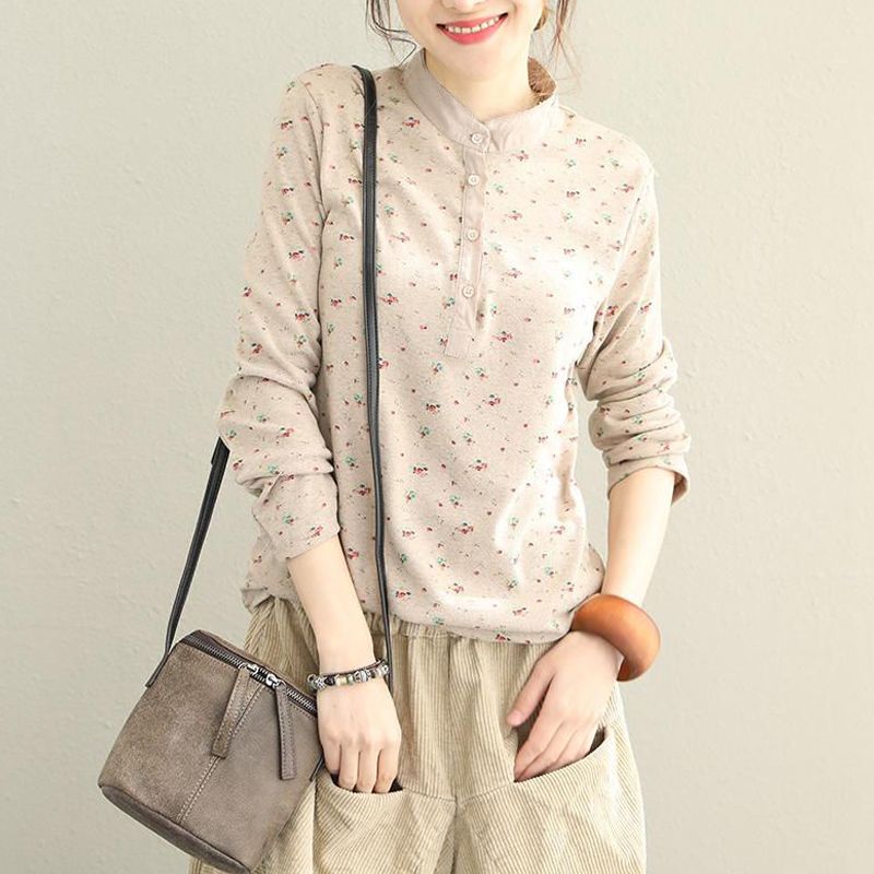 [95 Cotton] Spring Bottom Korean Lace Stand Collar Top Small Floral Knitted Cotton Pullover Bottom T-shirt Shirt
