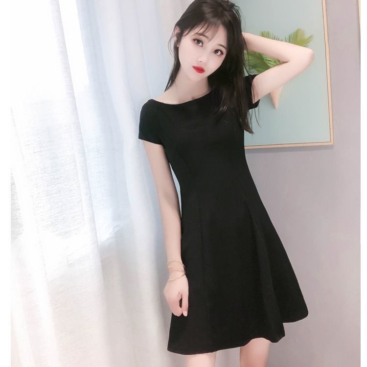 New slim slim one neck short sleeve dress women's Korean medium long versatile A-line bottom skirt