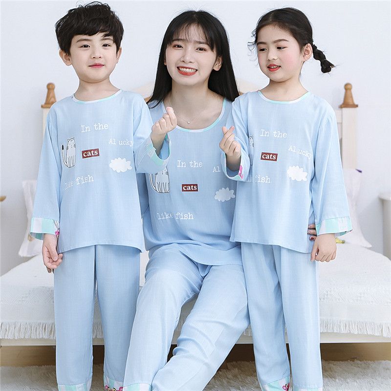春夏季綿綢兒童睡衣棉綢長袖人造棉女童寶寶小孩親子裝中大童套裝