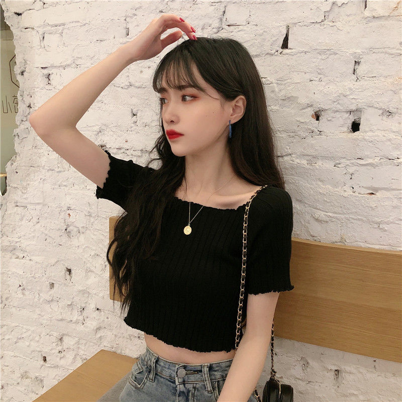 夏季新款韩版复古性感方领网红上衣短款修身显瘦短袖针织衫女