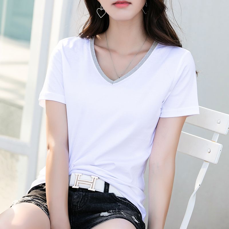 Short-sleeved women's V-neck pure cotton t-shirt solid color mercerized cotton half-sleeved T-shirt white ice silk slim fit thin top thin section trendy