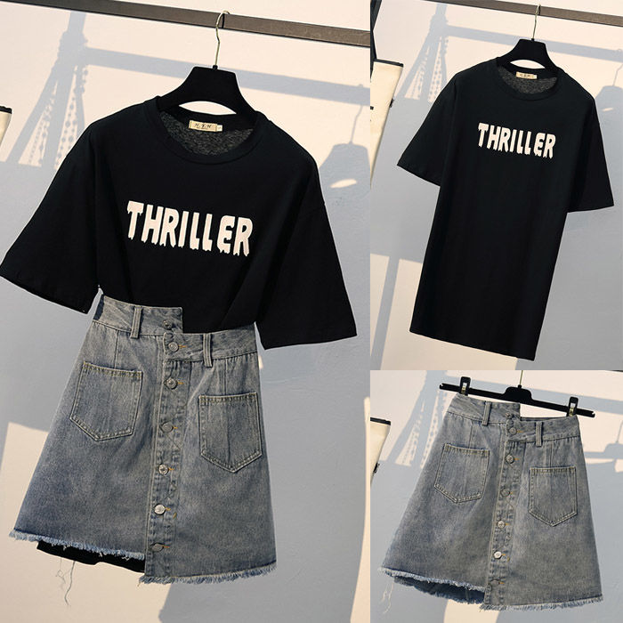 Student short sleeve T-shirt + denim skirt two-piece set spring and summer new Korean large irregular Skirt Set