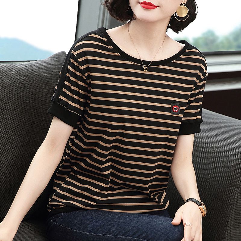 [200kg wearable] 95 cotton short sleeve T-shirt women's summer wear new large size fat mm loose stripe T-shirt