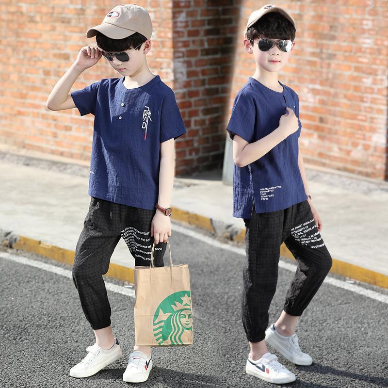 Boys' summer suit 2020 new children's Summer Boys' Cotton hemp handsome Capris