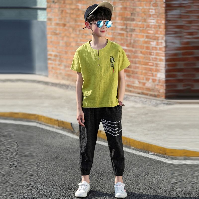 Boys' summer suit 2020 new children's Summer Boys' Cotton hemp handsome Capris