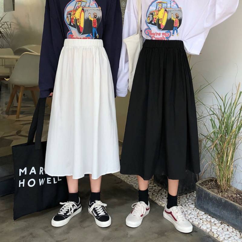 Lined college style high waist skirt women's spring new Korean student elastic waist medium length versatile skirt children