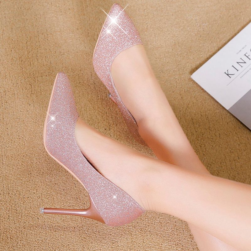 New style sequin pointed toe high heels 2023 early spring career shallow mouth banquet women's shoes wedding shoes sexy stiletto single shoes women