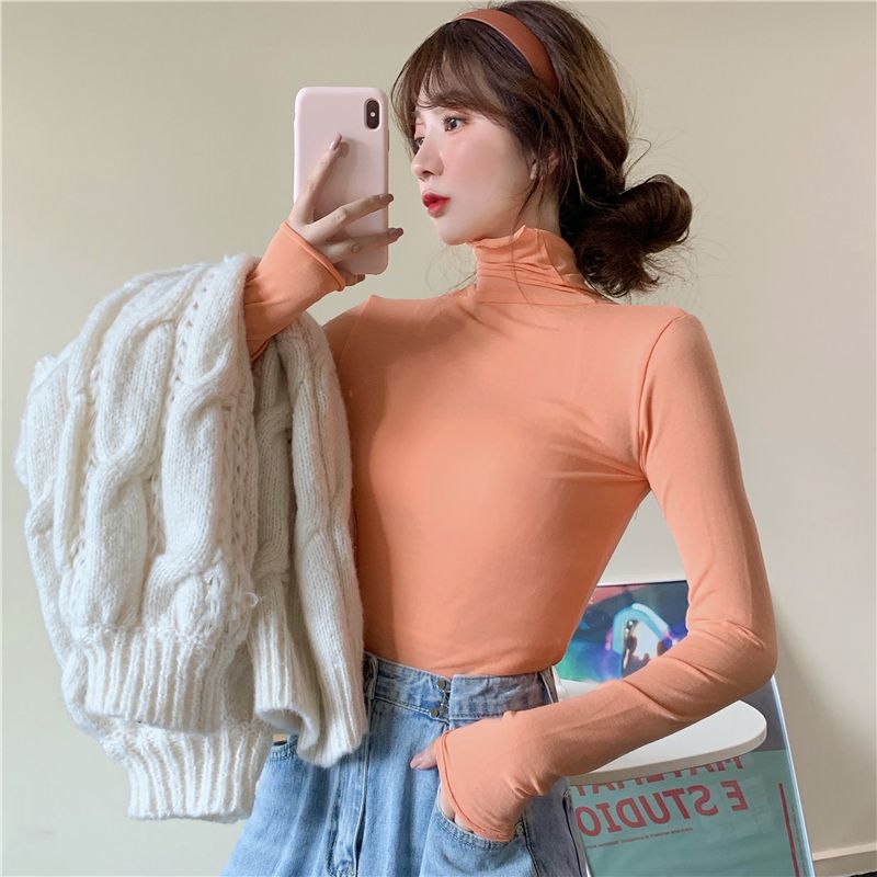 Plus velvet/thin new half-high collar slim slim long-sleeved T-shirt female super fairy age-reducing elastic solid color bottoming top