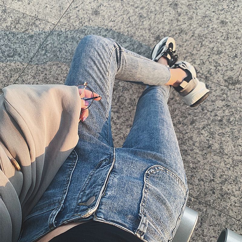 Cashmere stretch jeans female high waisted Student Korean version slim nine point tight pencil pants versatile trend
