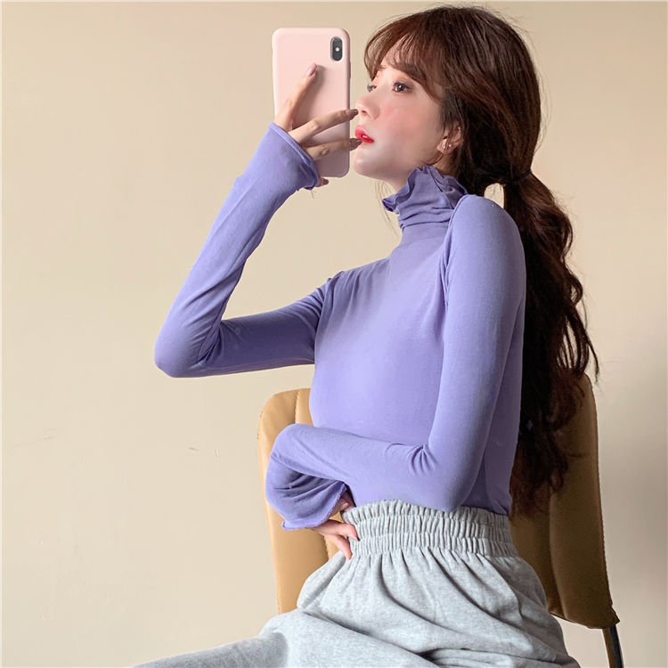 Plus velvet/thin new half-high collar slim slim long-sleeved T-shirt female super fairy age-reducing elastic solid color bottoming top