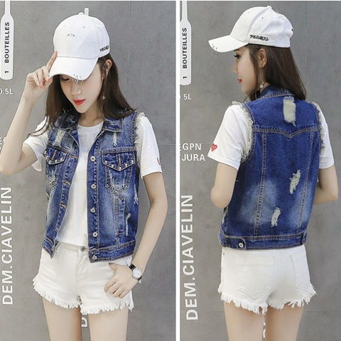 Fat MM Korean version of slim fit sleeveless denim vest women's clothing 2023 new style hole vest waistcoat vest short coat