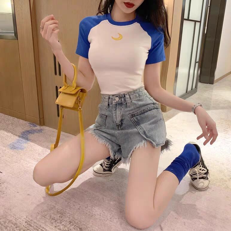 Summer color contrast stitching tight chest big short-sleeved t-shirt female students fashion all-match print slim bottoming top