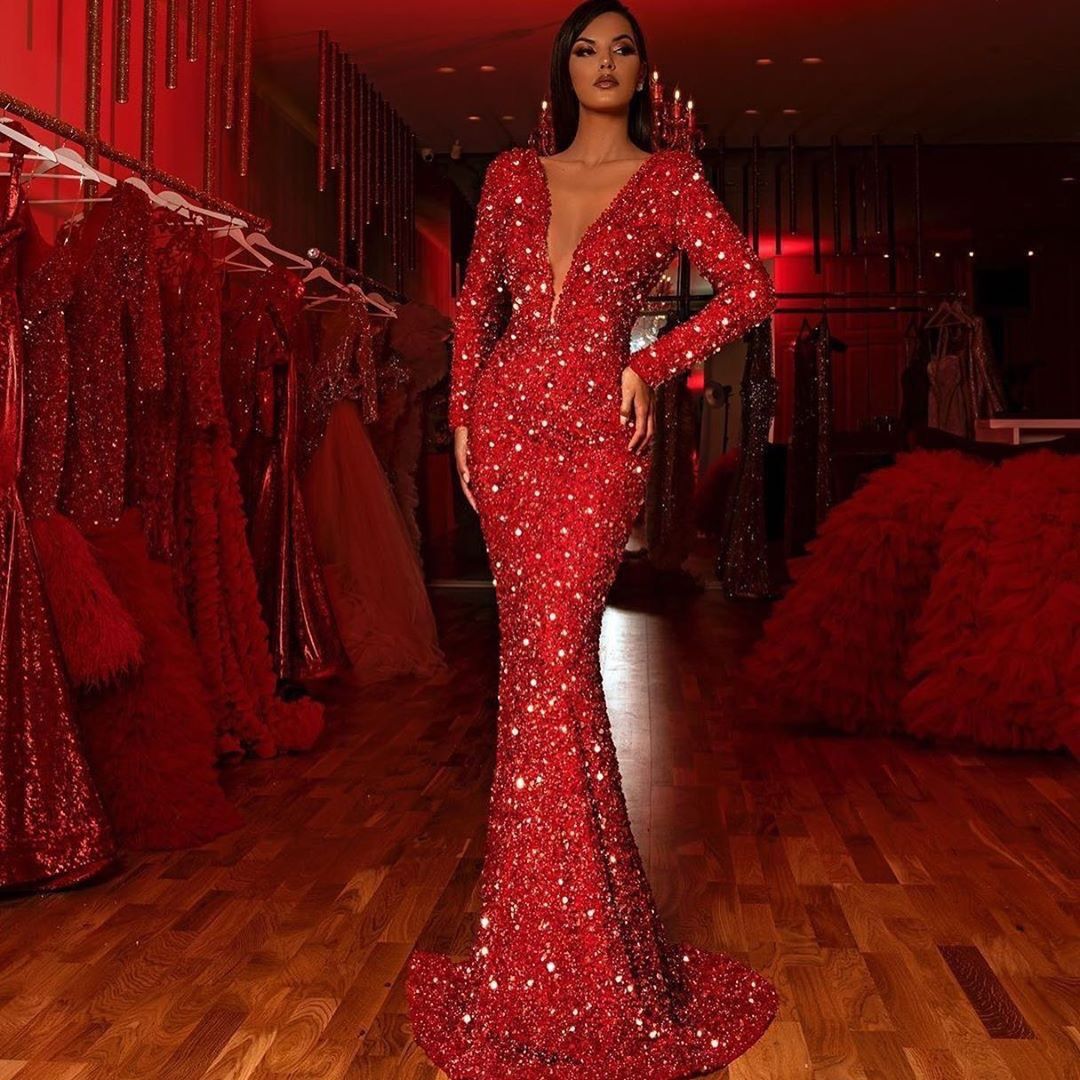 红色亮晶晶长袖v领礼服长裙 red sequins gown women party dress