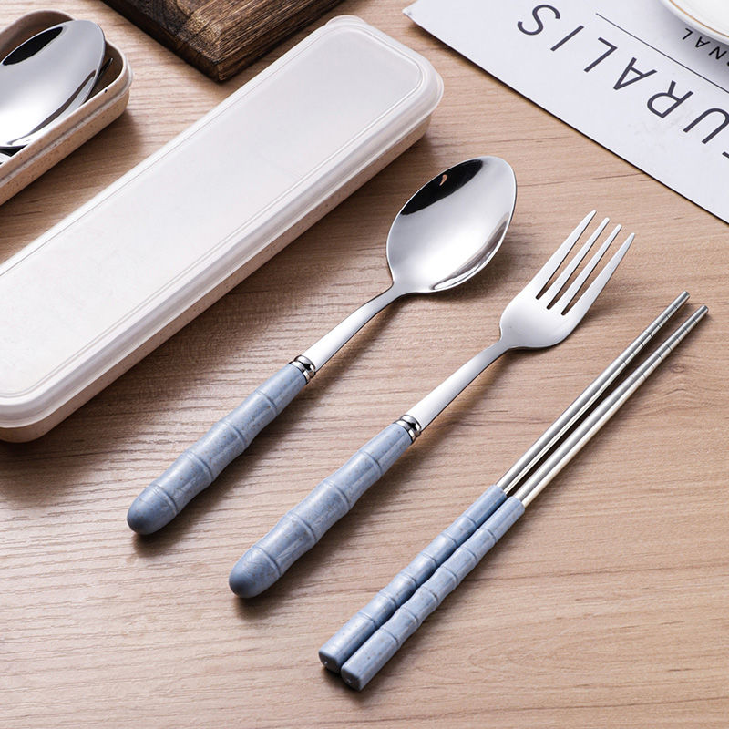 【三件套】便携式小麦秸秆加厚不锈钢成人勺子筷子叉学生旅行餐具