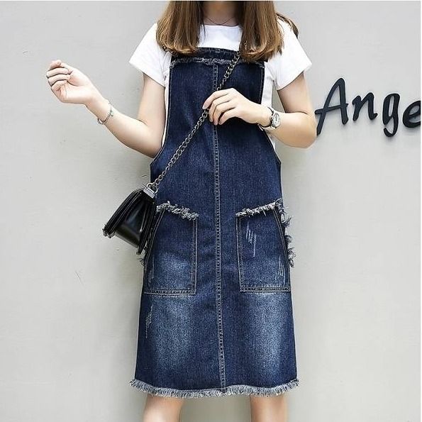 Extra large women's spring and summer clothes fat mm denim strap skirt plus fat and loose 200kg, showing the trend of thin medium and long skirts