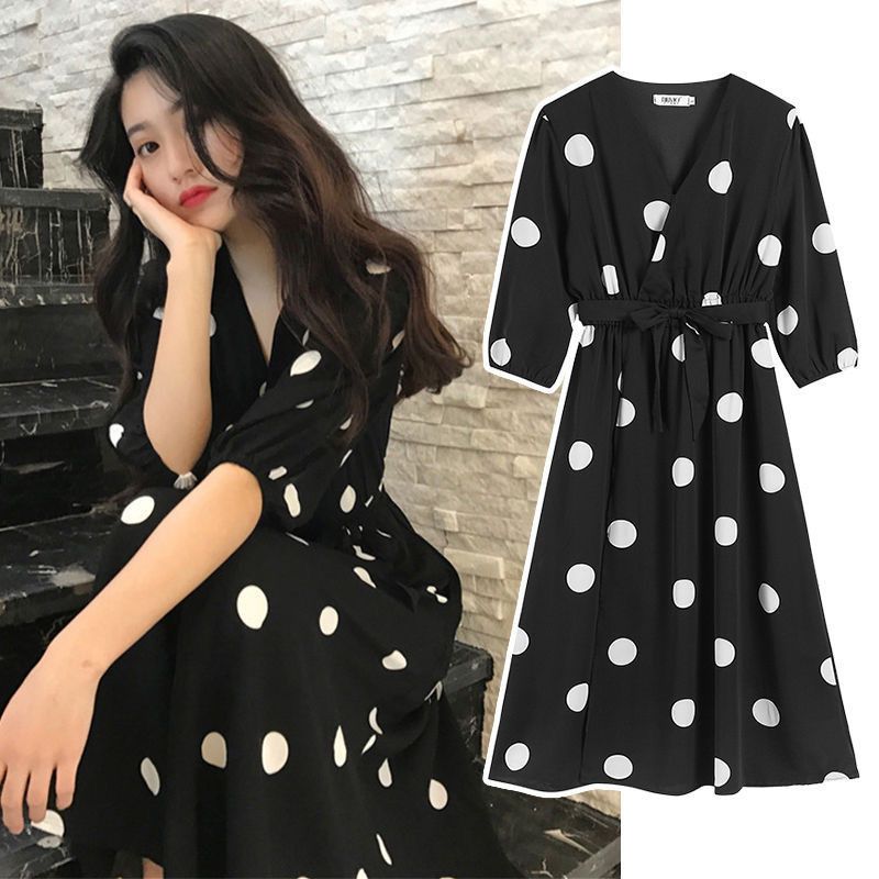 Summer Chiffon wave point V-neck dress women's fat sister large belly covered long short sleeve Korean slim skirt