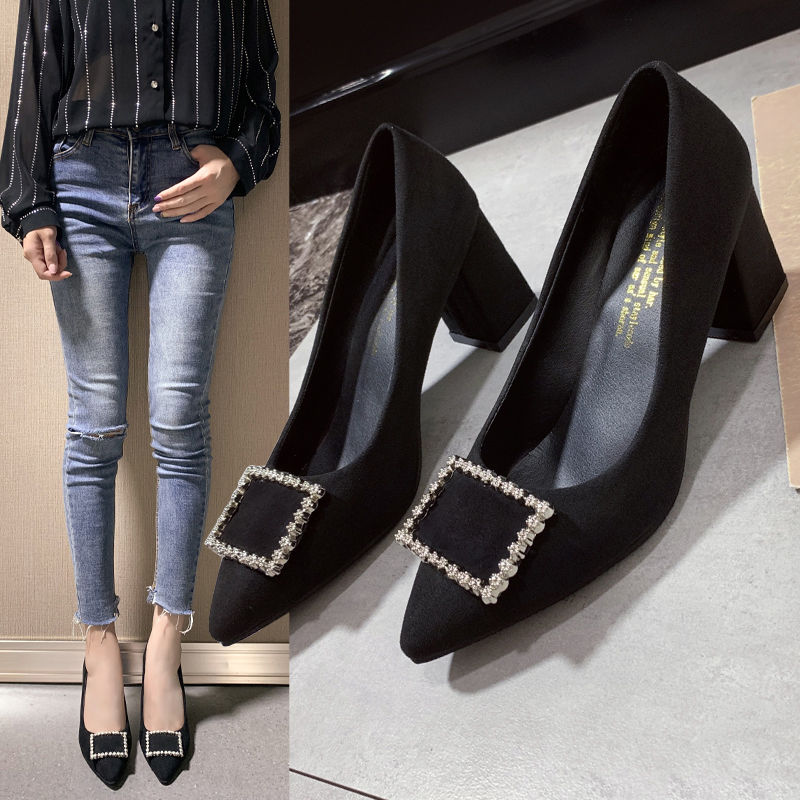 2023 new spring suede work shoes women's pointed toe single shoes autumn etiquette professional black high-heeled shoes women's thick heels