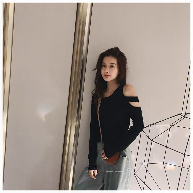 Spring and autumn thin t-shirt girls tight inner wear niche design long-sleeved off-the-shoulder all-match slim outer wear bottoming shirt