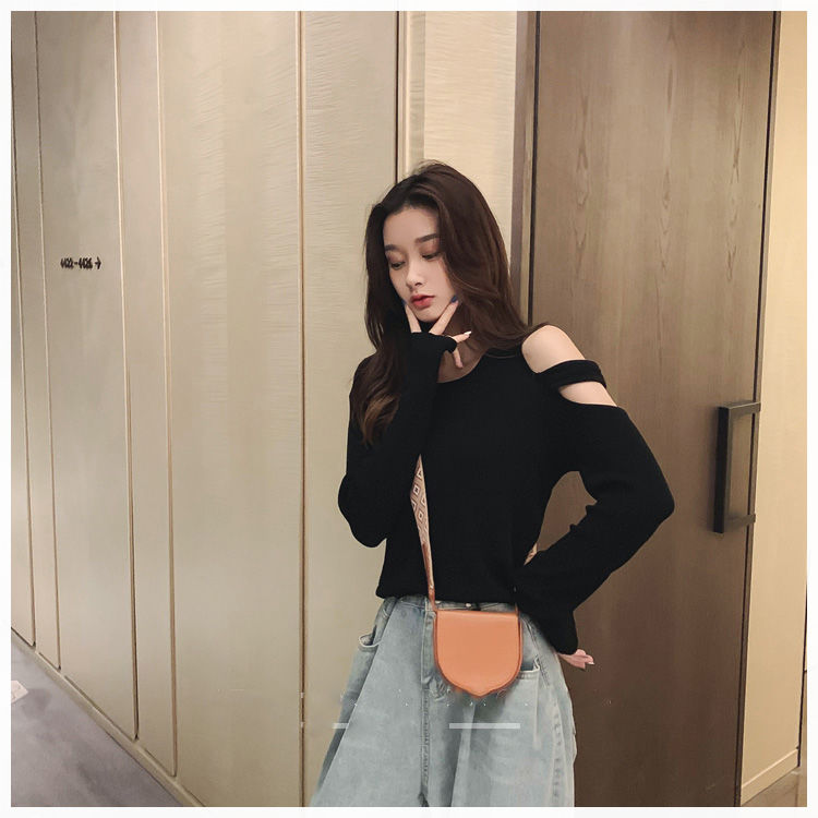 Spring and autumn thin t-shirt girls tight inner wear niche design long-sleeved off-the-shoulder all-match slim outer wear bottoming shirt