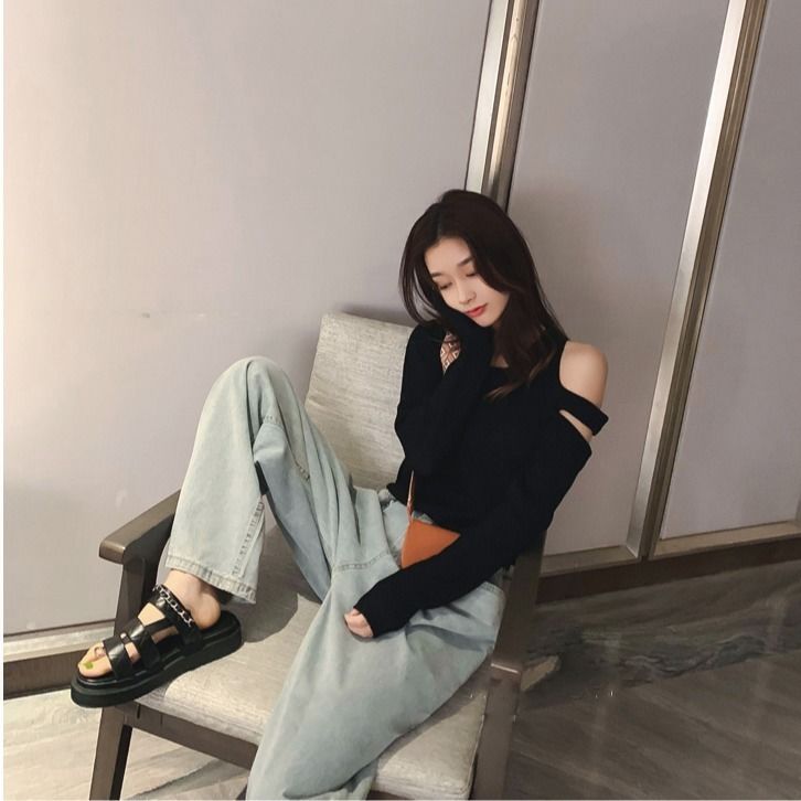 Spring and autumn thin t-shirt girls tight inner wear niche design long-sleeved off-the-shoulder all-match slim outer wear bottoming shirt