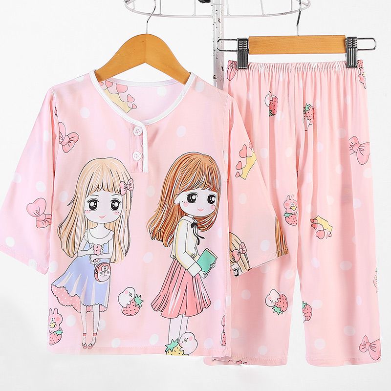 Summer children's cotton silk pajamas boys and girls baby middle and large children's thin cotton long sleeve air conditioning home clothes set