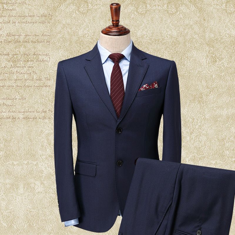 羊毛70%西装男套装修身职业正装蓝三件套商务上班男士西服套装