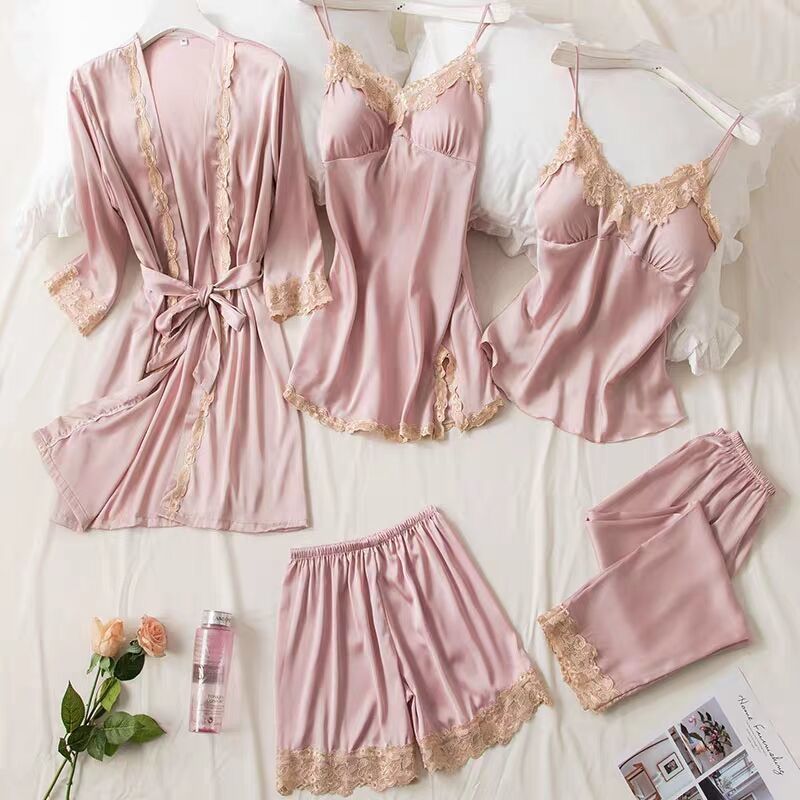 Spring and autumn nightwear female summer sexy suspender nightdress with breast pad five piece set ice thin Nightgown spring and autumn home clothes