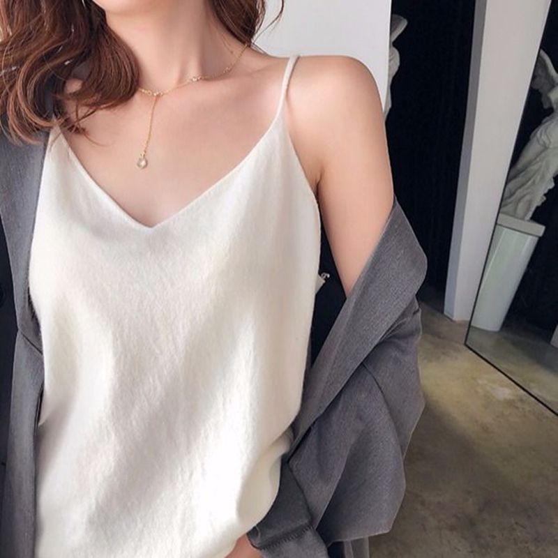 Hong Kong chic loose fit with V-neck knitted small suspender vest women's Korean version sleeveless T-shirt bottoming top summer