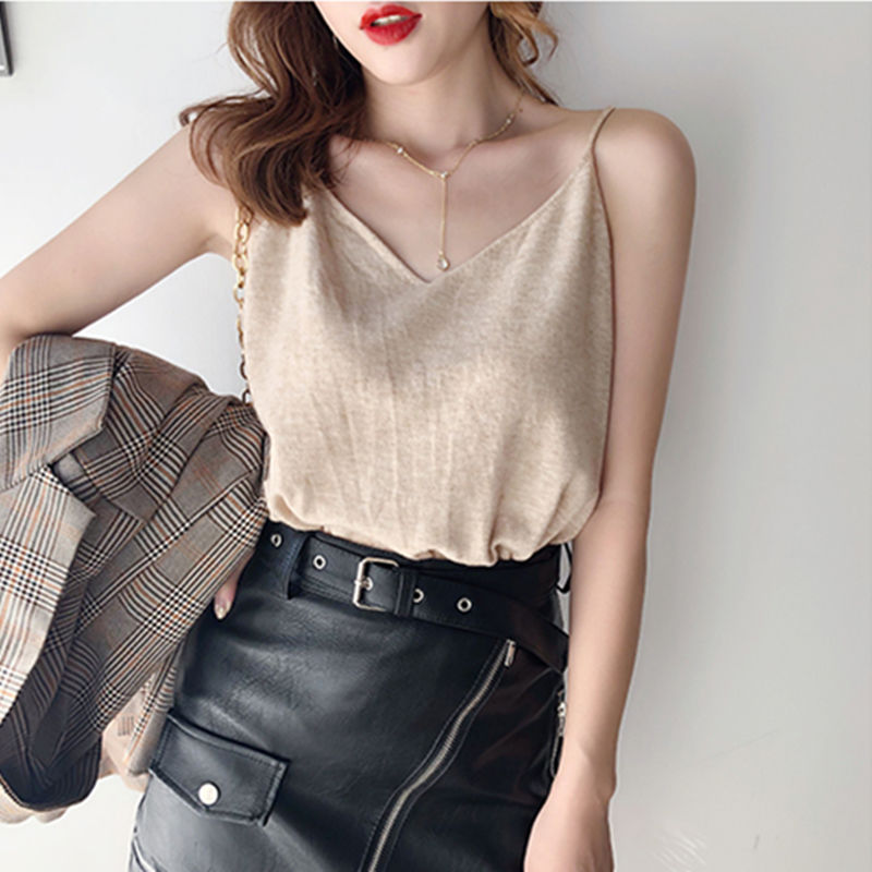 Hong Kong chic loose fit with V-neck knitted small suspender vest women's Korean version sleeveless T-shirt bottoming top summer