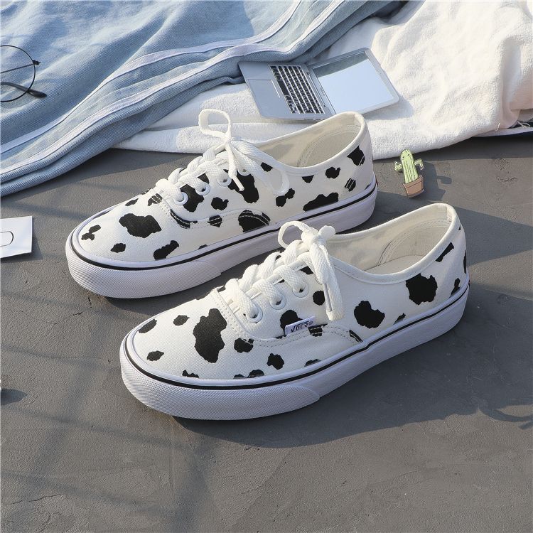 New autumn Korean student versatile cow canvas shoes female zebra grain small white shoes Hong Kong Style skateboard shoes