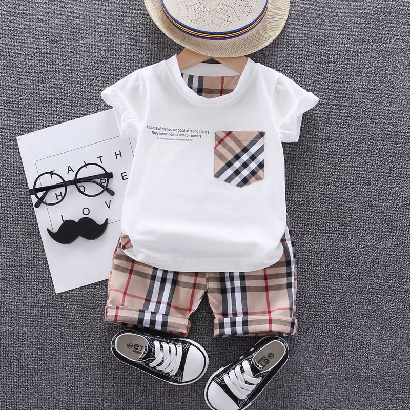 2020 new boys' summer short sleeve suit 1-3 years old 4 children's foreign style Plaid Shorts 2-piece baby's summer suit