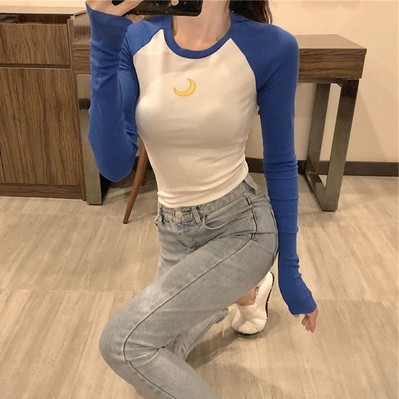 Summer color contrast stitching tight chest big short-sleeved t-shirt female students fashion all-match print slim bottoming top
