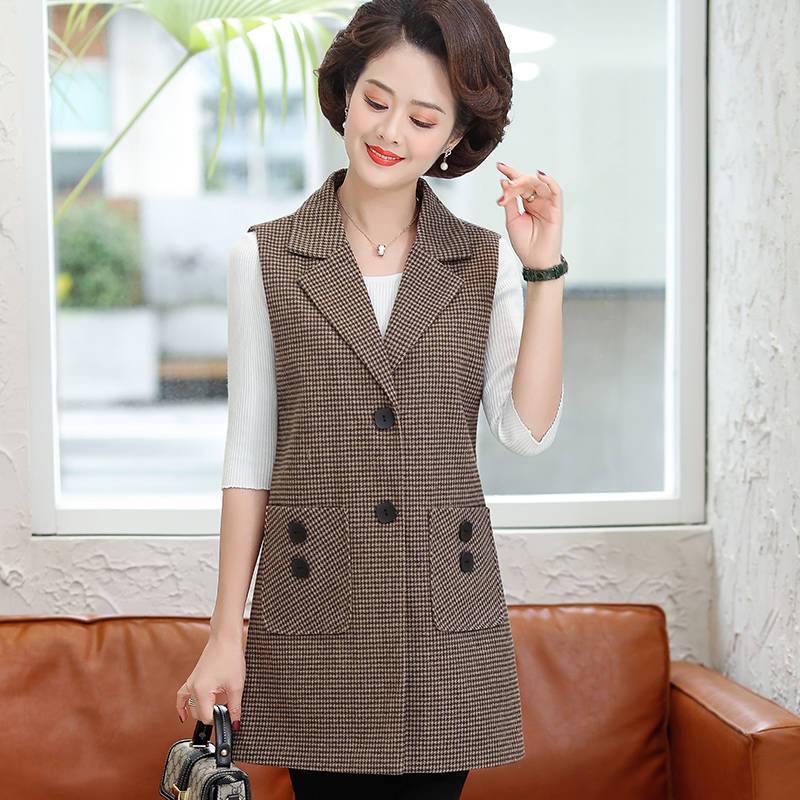 Spring and autumn waistcoat female mother spring and autumn mid-length houndstooth vest middle-aged and elderly women's spring and autumn waistcoat