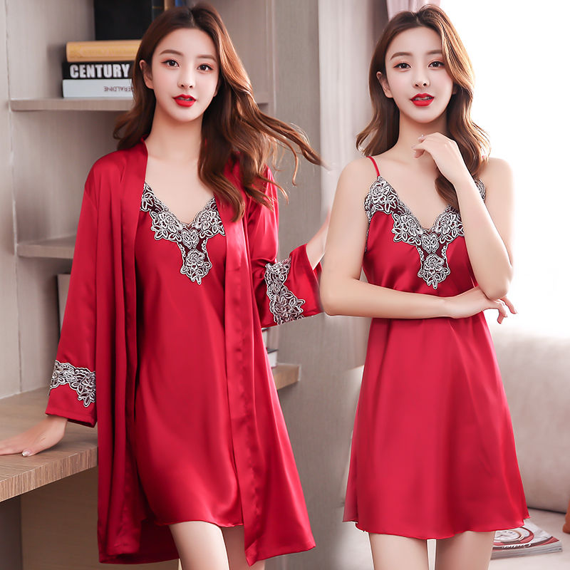 Sexy red pajamas women's summer silk nightdress suspenders long-sleeved nightgown Korean version spring and autumn bride temptation bathrobe women